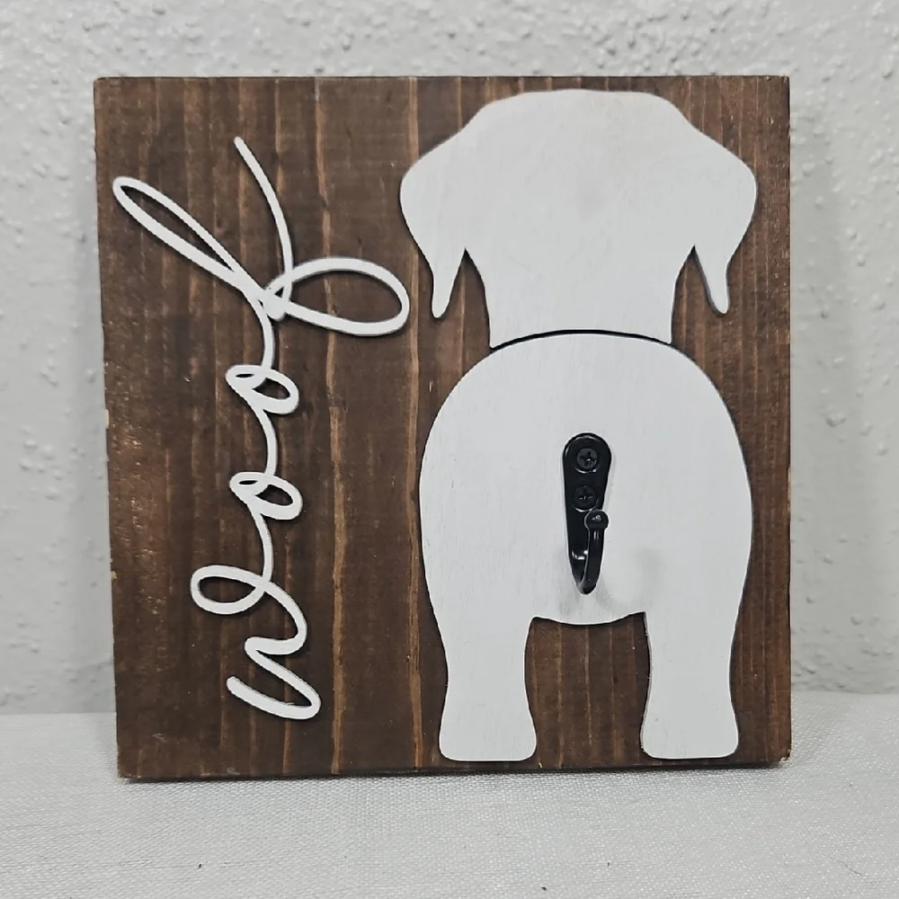 Brown Rustic Woof Dog Tail Silhouette Wall Hook Decorative Leash Holder 7
